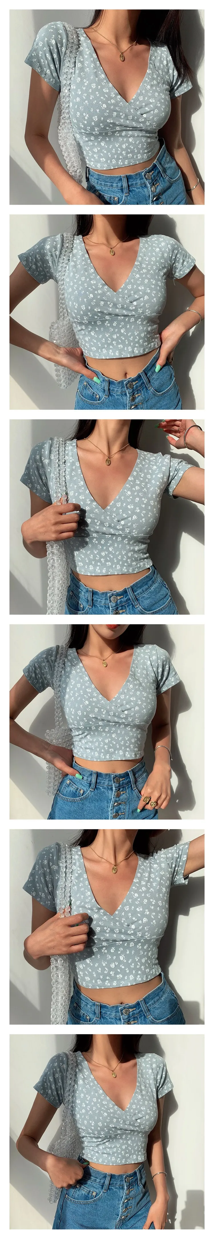 Y2K Vintage Floral Cross Crop Top T-shirt Women Cropped Slim Short Sleeve V-neck Sexy Summer Clothes Tee Shirt Femme Woman Tops