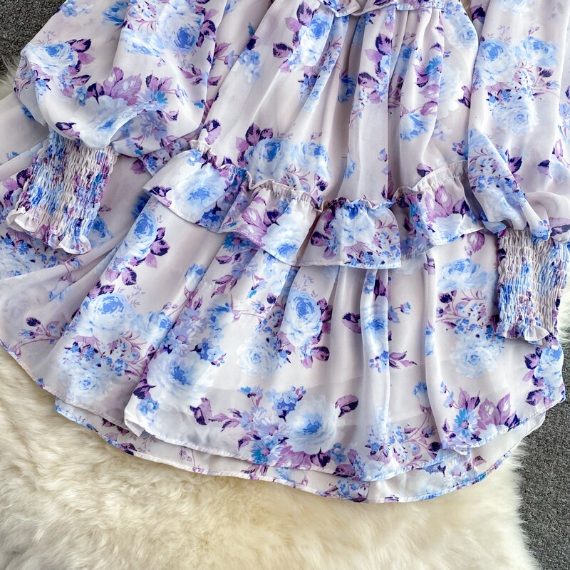 Women's Green/Purple/Beige Floral Chiffon Dress Bohemian V-Neck Lantern Long Sleeve High Waist Ruffle Vestidos Female New