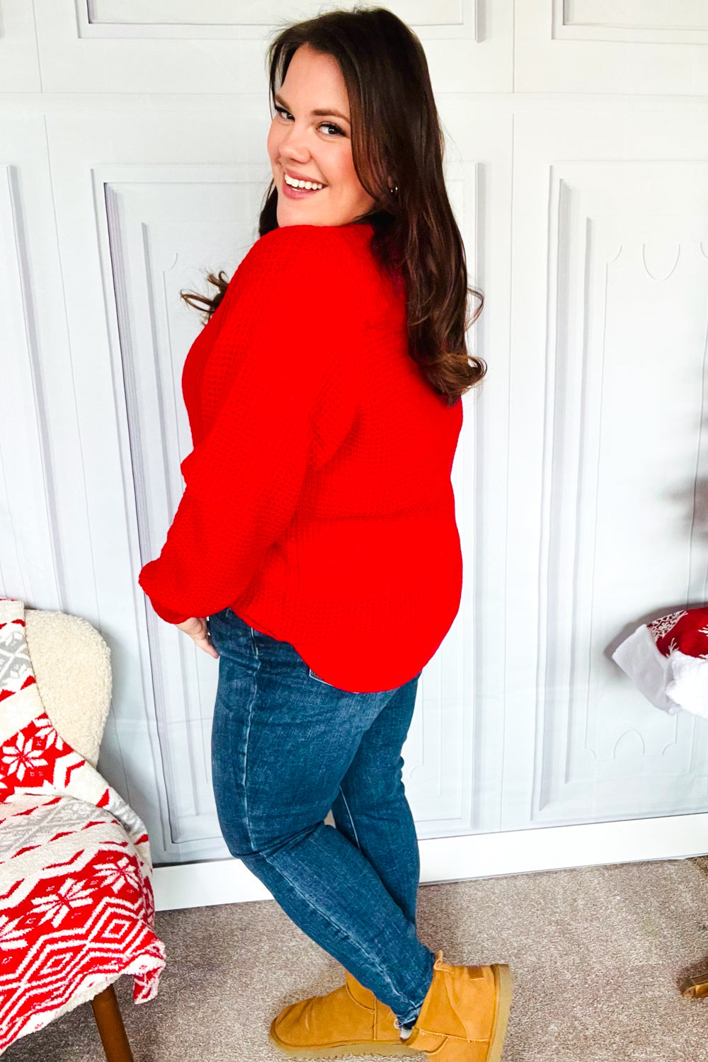 Maxct &All Present Christmas Red Waffle Knit Hi-Low Sweater