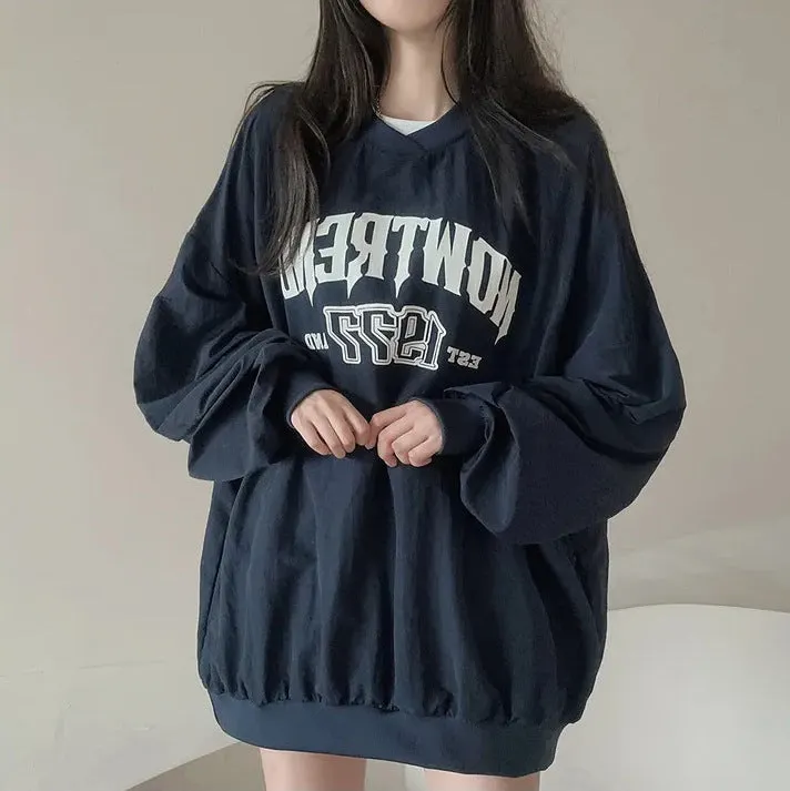 Maxct Letter Print Oversized Round Neck Sweatshirt