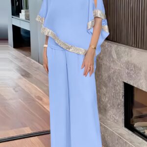 Maxct Sequins Patchwork Slit Bat Sleeve Long Pants Suits