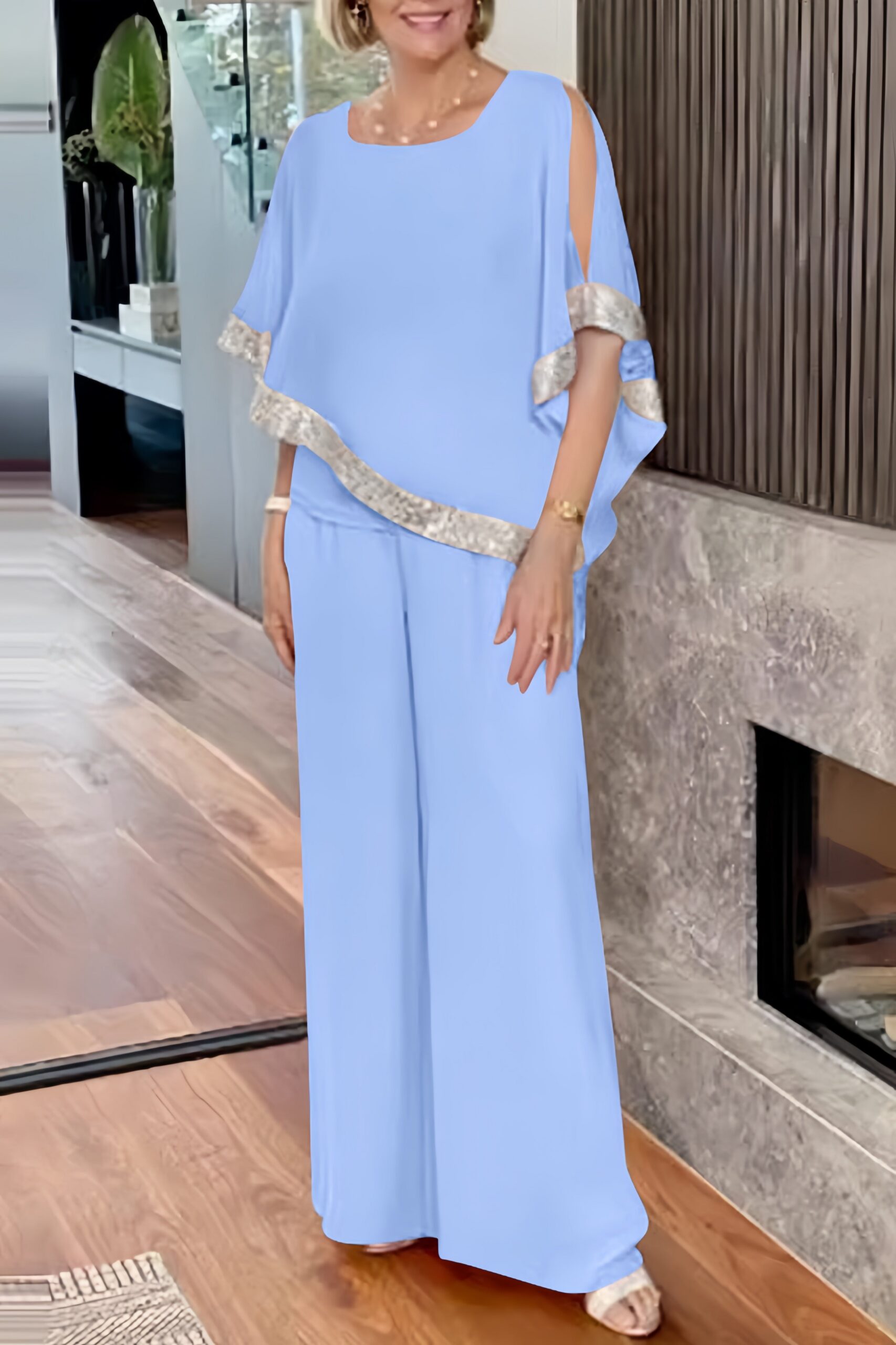 Maxct Sequins Patchwork Slit Bat Sleeve Long Pants Suits