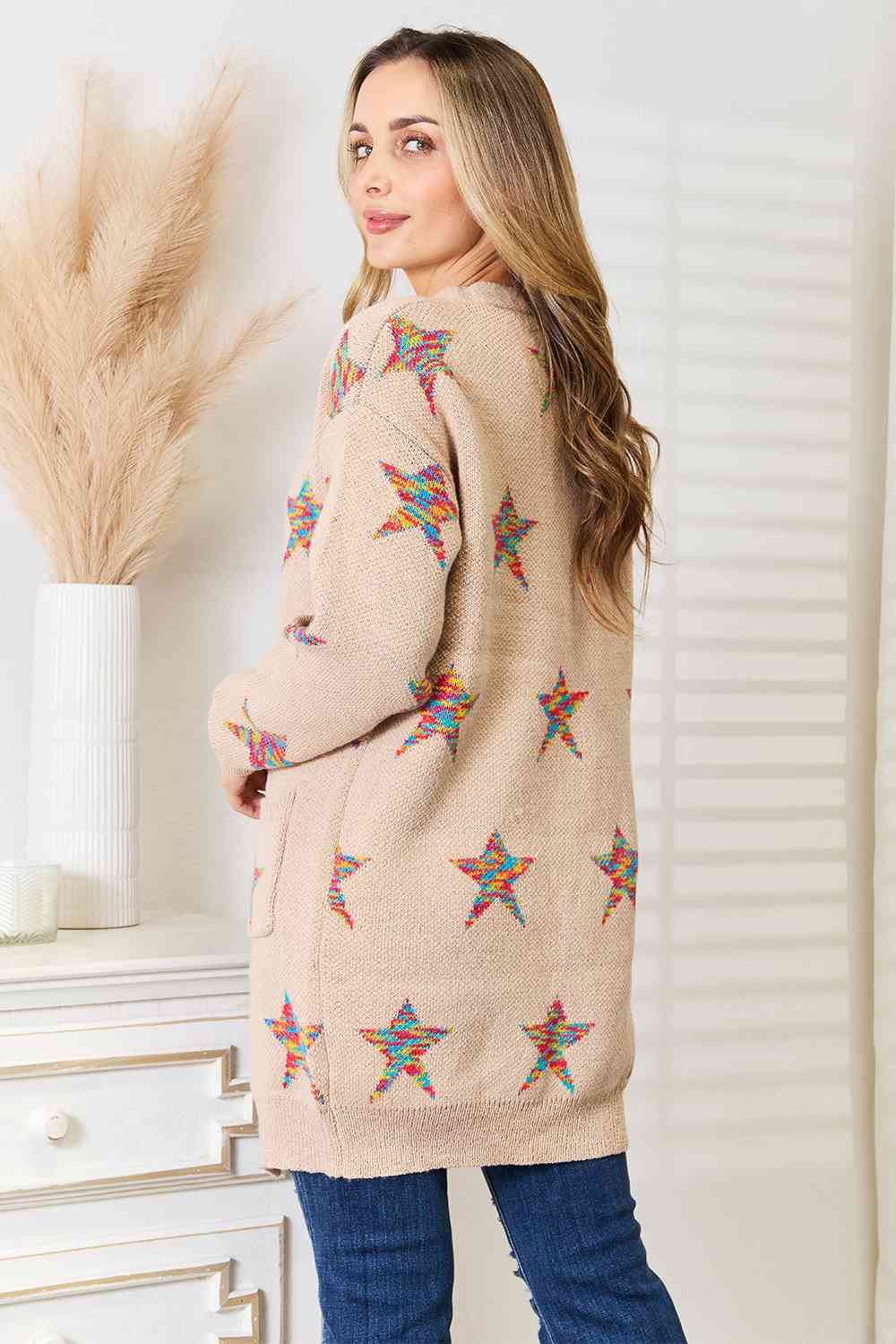 Maxct &Double Take Star Pattern Open Front Longline Cardigan
