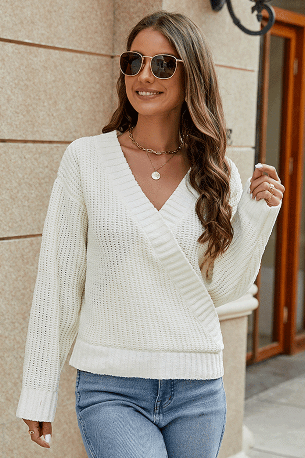Maxct &Surplice Neck Long Sleeve Sweater