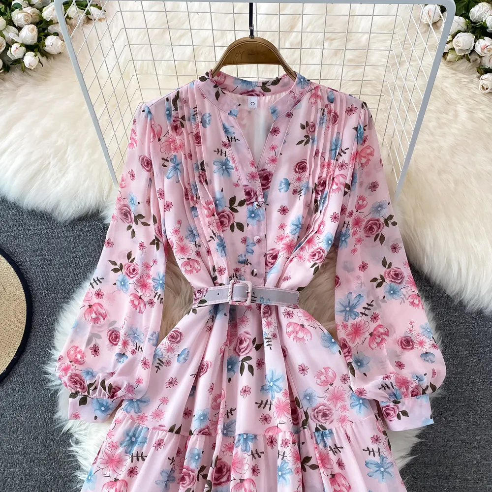 Floral Midi Dress Women Elegant V-Neck Lantern Long Sleeve High Waist Draped A-Line Casual Vestidos Female Spring Autumn