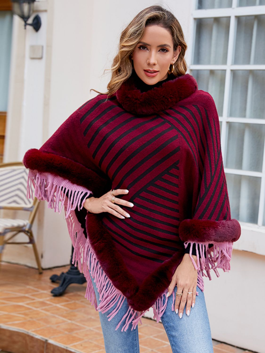 Maxct &Striped Fringe Hem Poncho