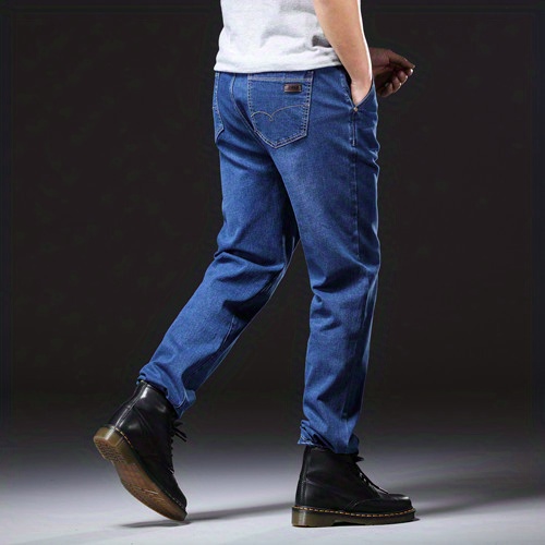 Plus Size Stretch Jeans, Men's Loose Straight Leg Denim Trousers
