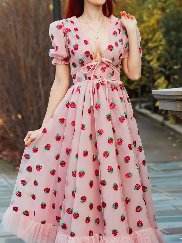 Sequined Strawberry Mesh Pleated Maxi Dress Maxct