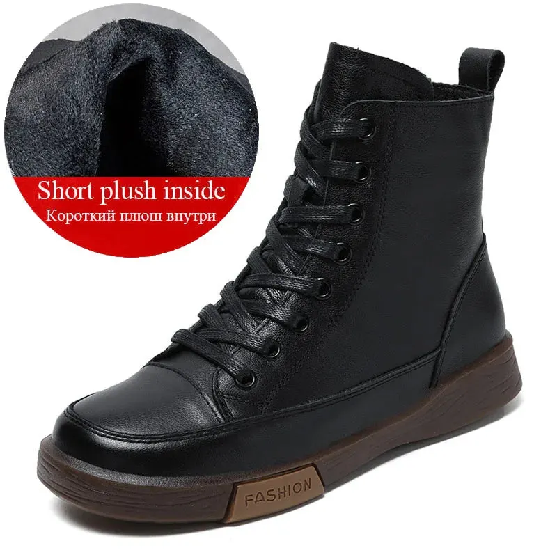 Handmade Retro Leather Ankle Boots Women's Winter Flats Maxct