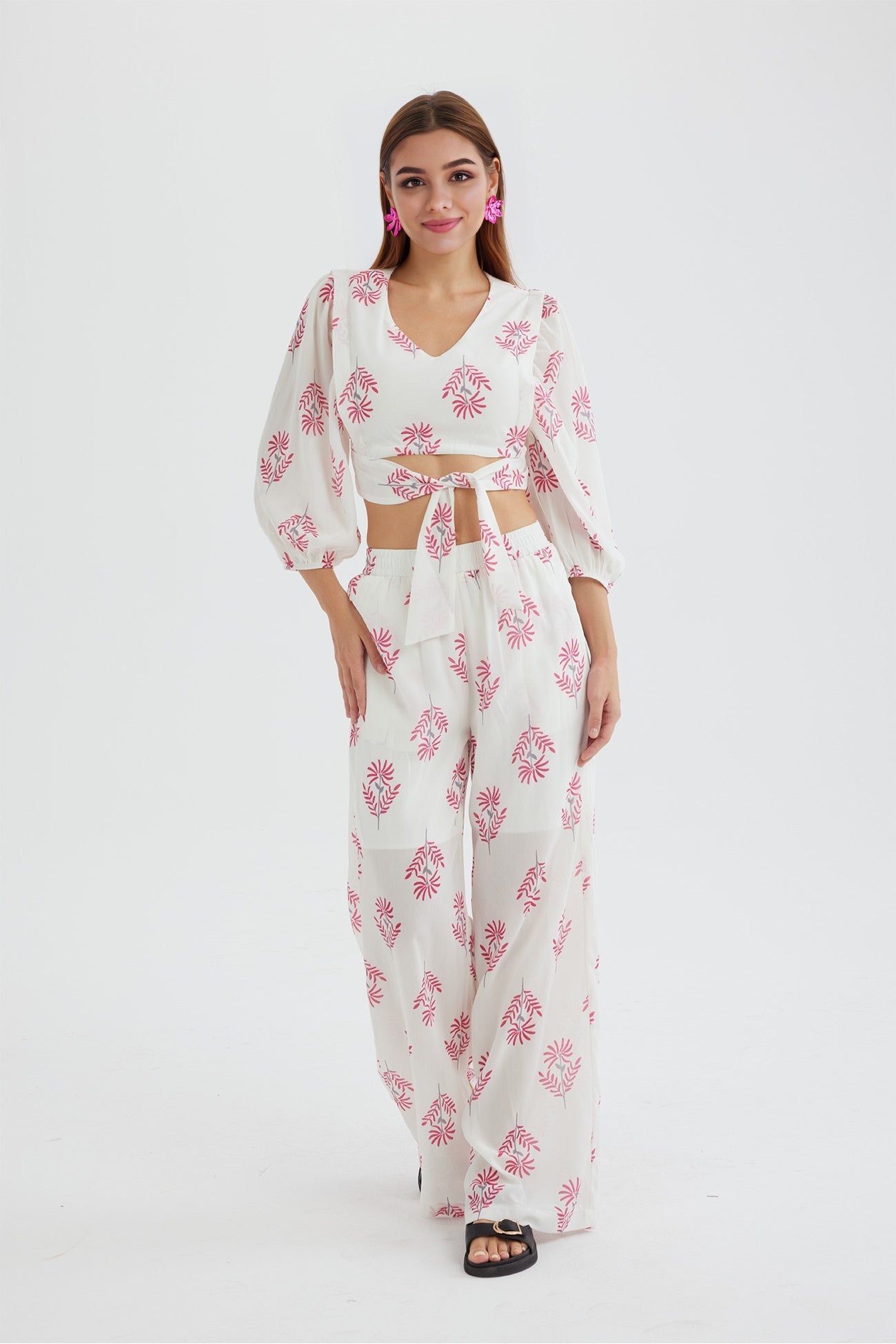Maxct Floral Print Puff Sleeve Knotted-front Tops Long Pants Suits
