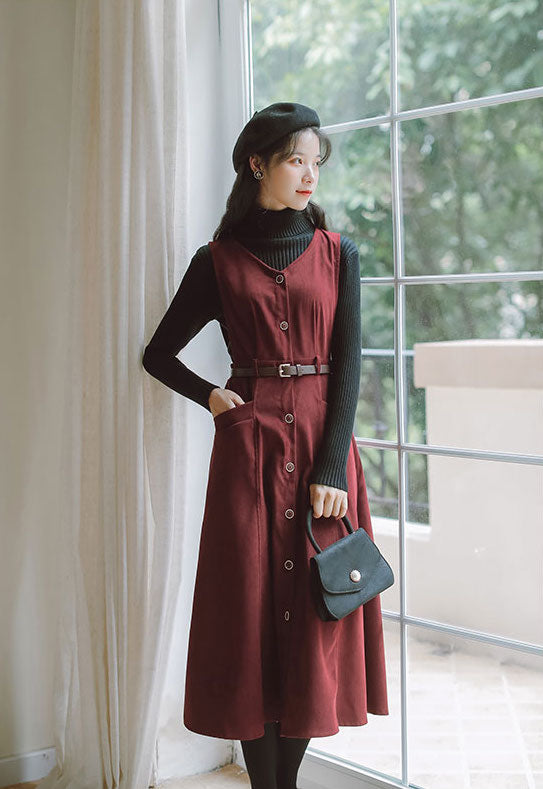 Button Up Suede Pinafore Dress Maxct