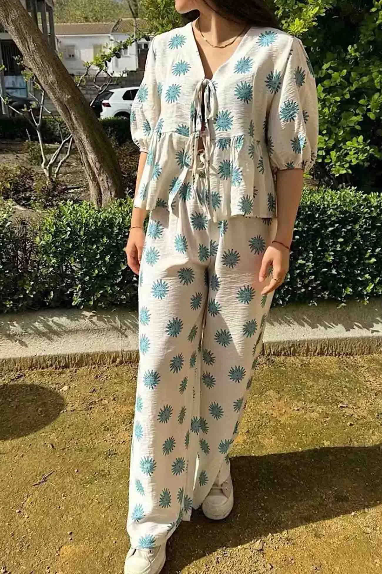Maxct Printed Lace Up Tops Wide Leg Pants Set