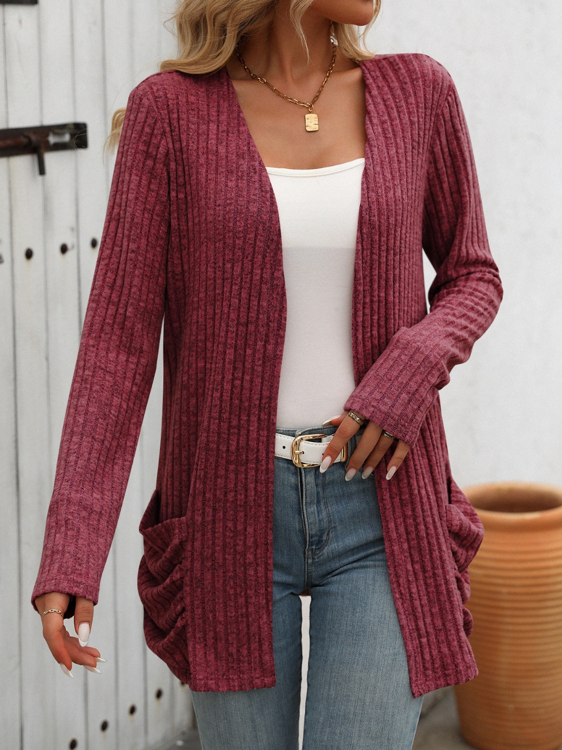 Maxct &Open Front Long Sleeve Ribbed Cardigan