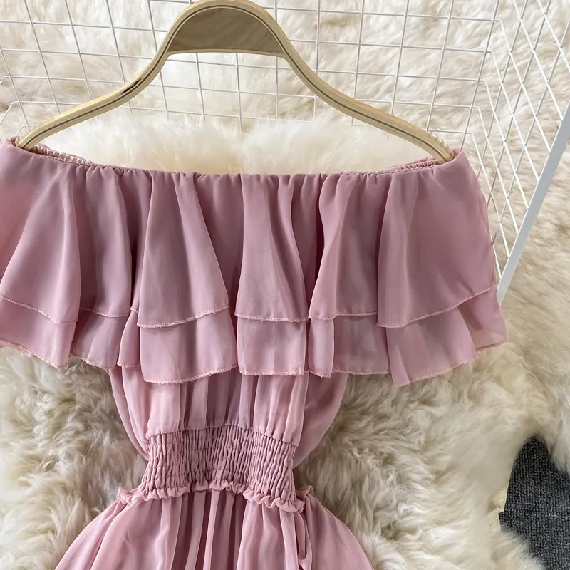Chiffon Dress Women Sexy Slash Neck Ruffle Robe Elegant Ruffle High Waist Vestidos Female Beach Vacation New