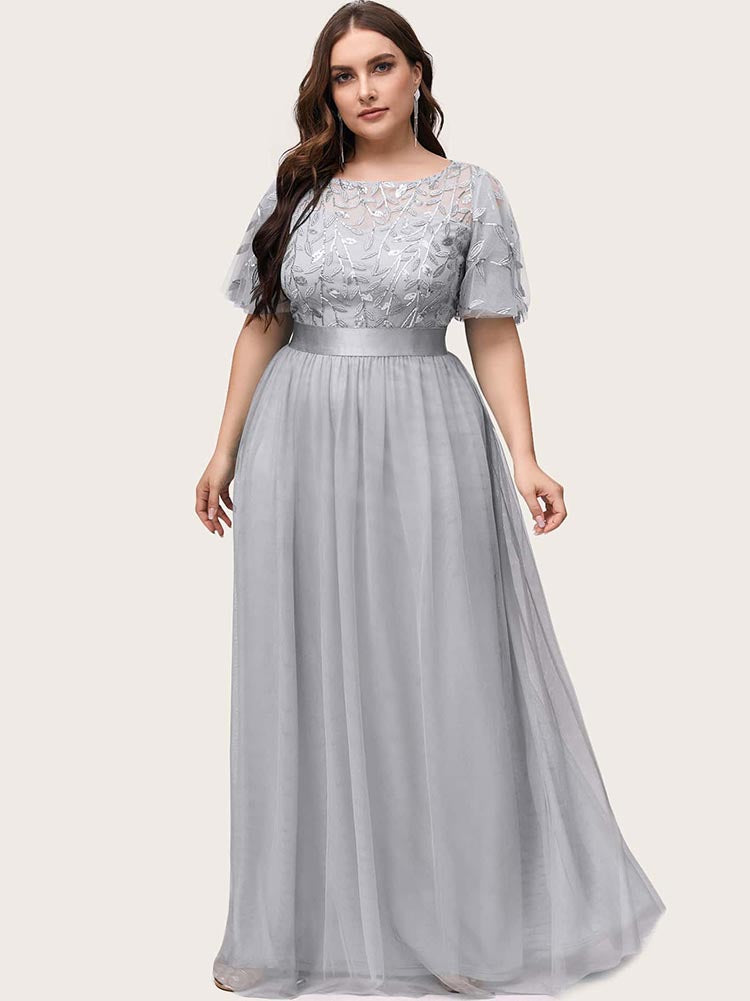 Leaf Sequin Bodice Mesh Party Dress Maxct