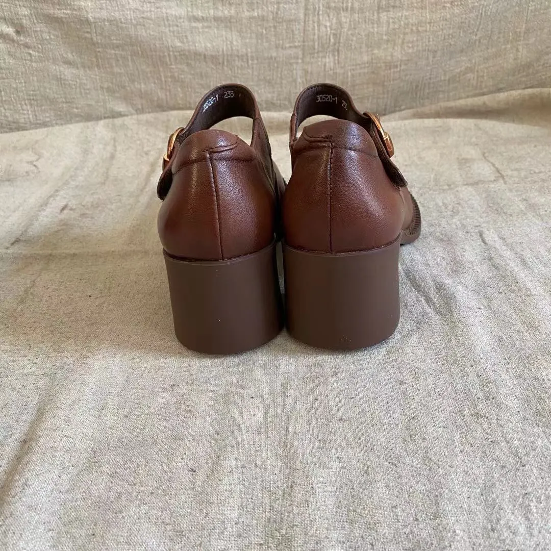Handmade Pumps Mary Jane Heels Sandalss Round Toe  Retro Velcro Sandals Black/Brown Maxct