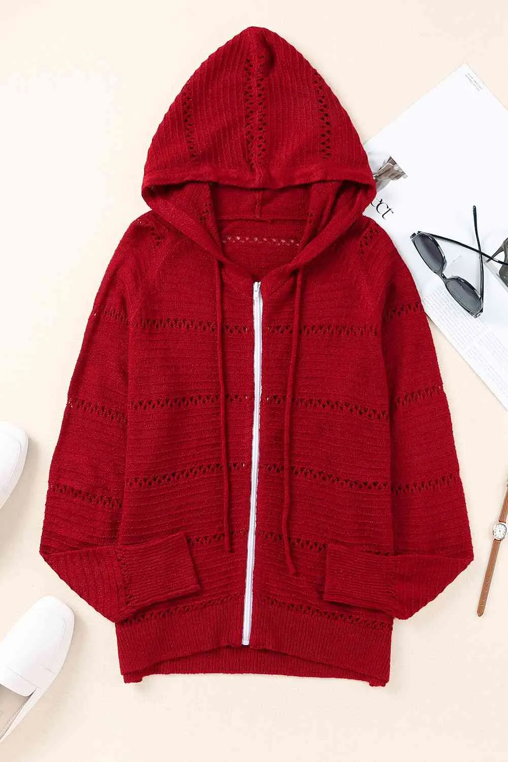 Maxct &Zip-Up Raglan Sleeve Openwork Hooded Cardigan - Image 30