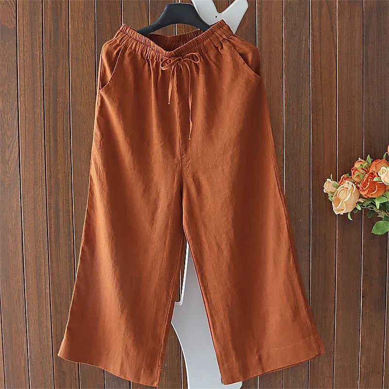 Maxct Women Spring Retro Solid Color Cotton Linen Pants