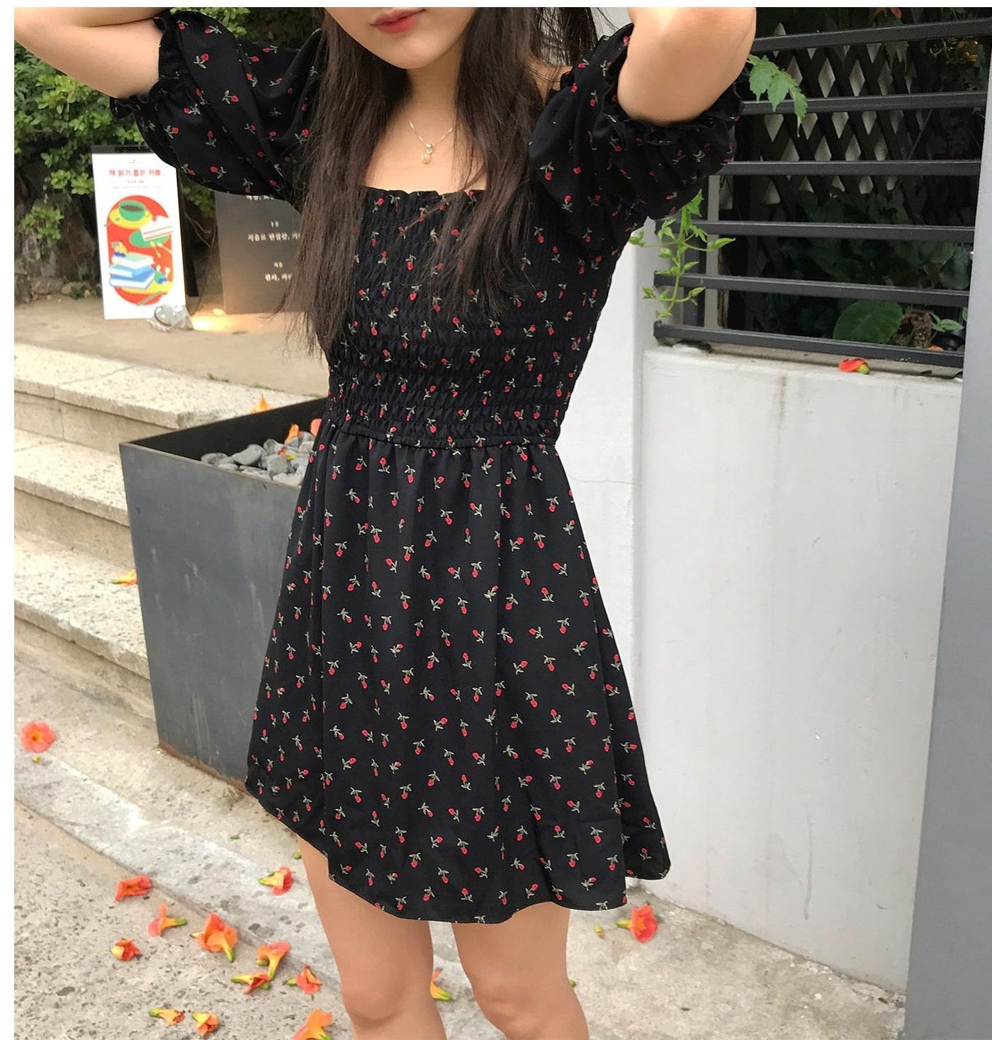 Square Collar Floral Chiffon Dress Maxct