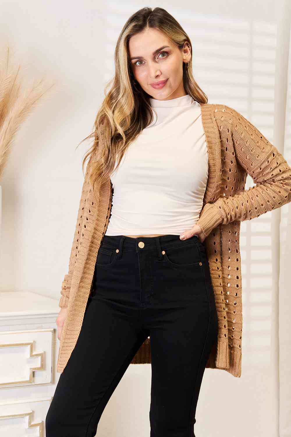 Maxct &Woven Right Openwork Horizontal Ribbing Open Front Cardigan