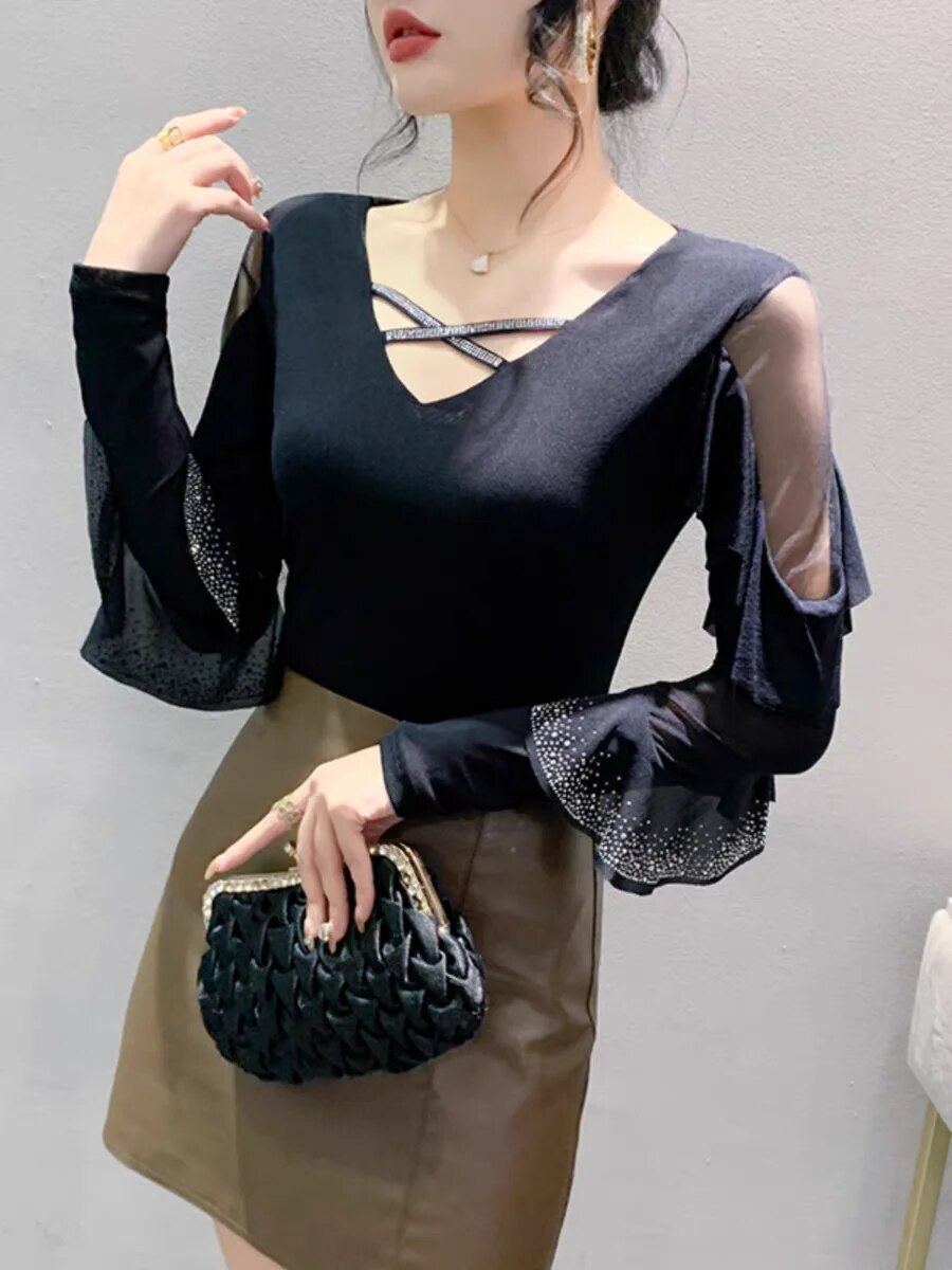 Maxct Spring Summer T-shirts Women V-neck Ruffles Long Sleeve Solid Mesh Elastic Tops Tees Female Fashion Diamonds T Shirt