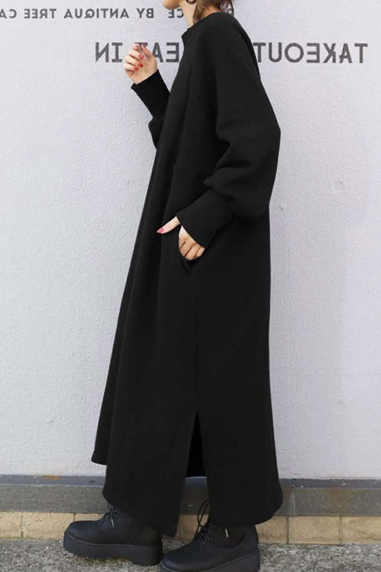 Maxct Solid Crew Neck Slit Sweatshirt Dress