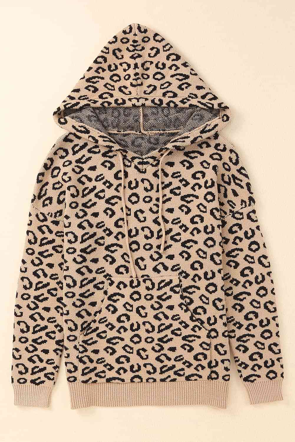 Maxct &Woven Right Leopard Print Drawstring Hooded Sweater