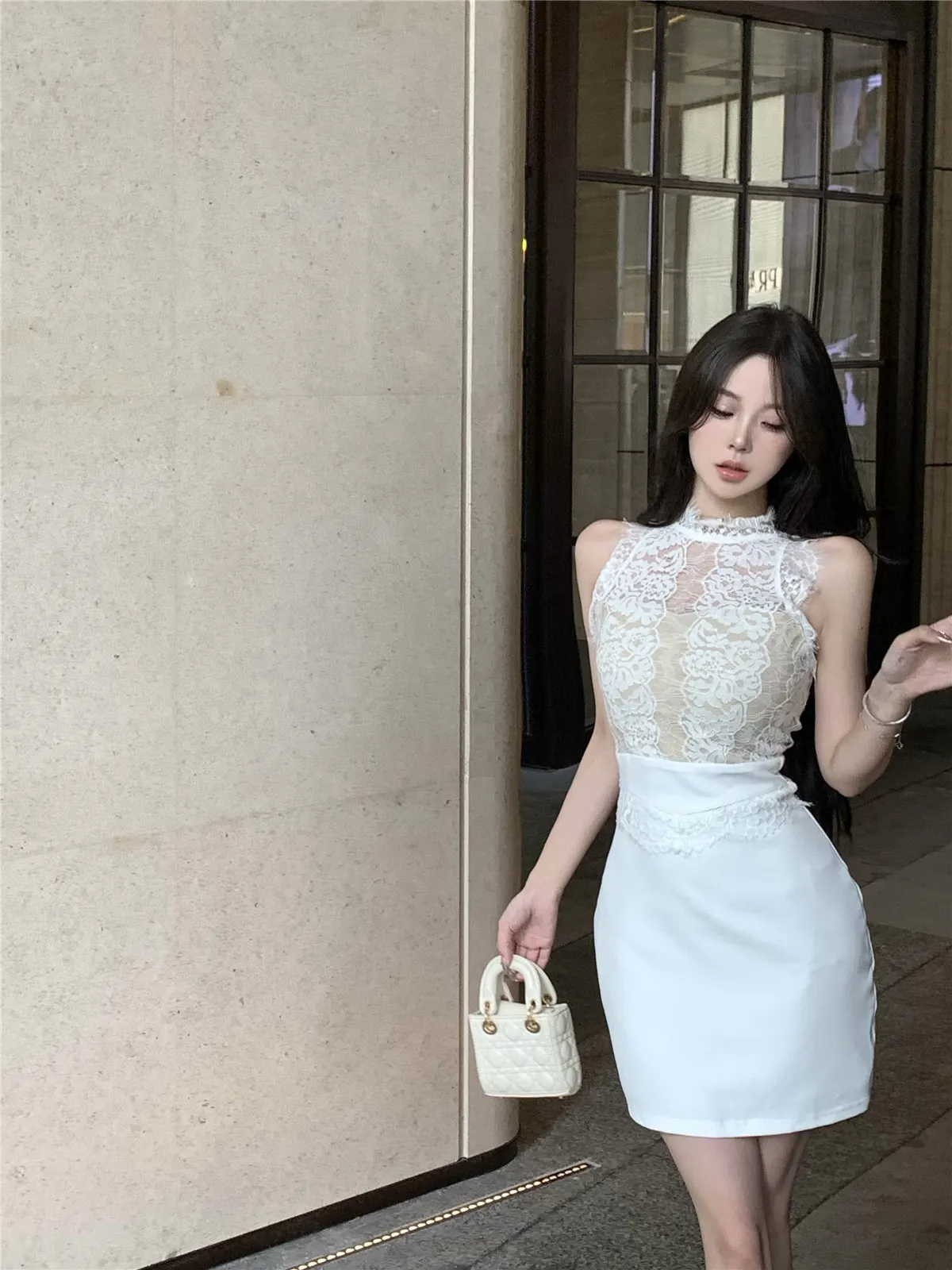 Maxct Spicy Girl Lace Stitching Dress Women Summer White Temperament Waist Sleeveless Wrap Hip Short Dress Fashion Lady Clothes