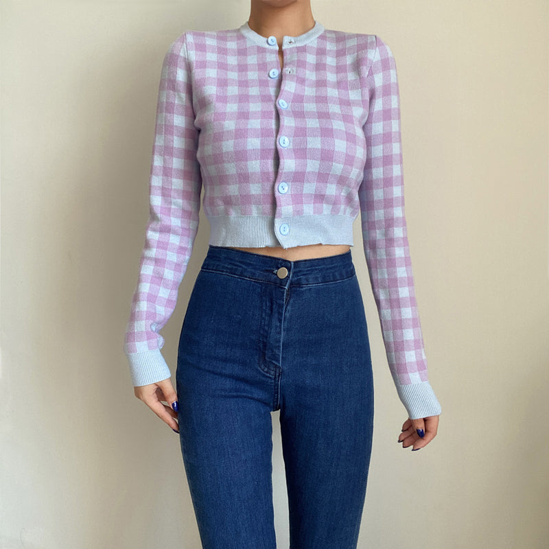 Maxct Checkered Button Front Knit Crop Cardigan