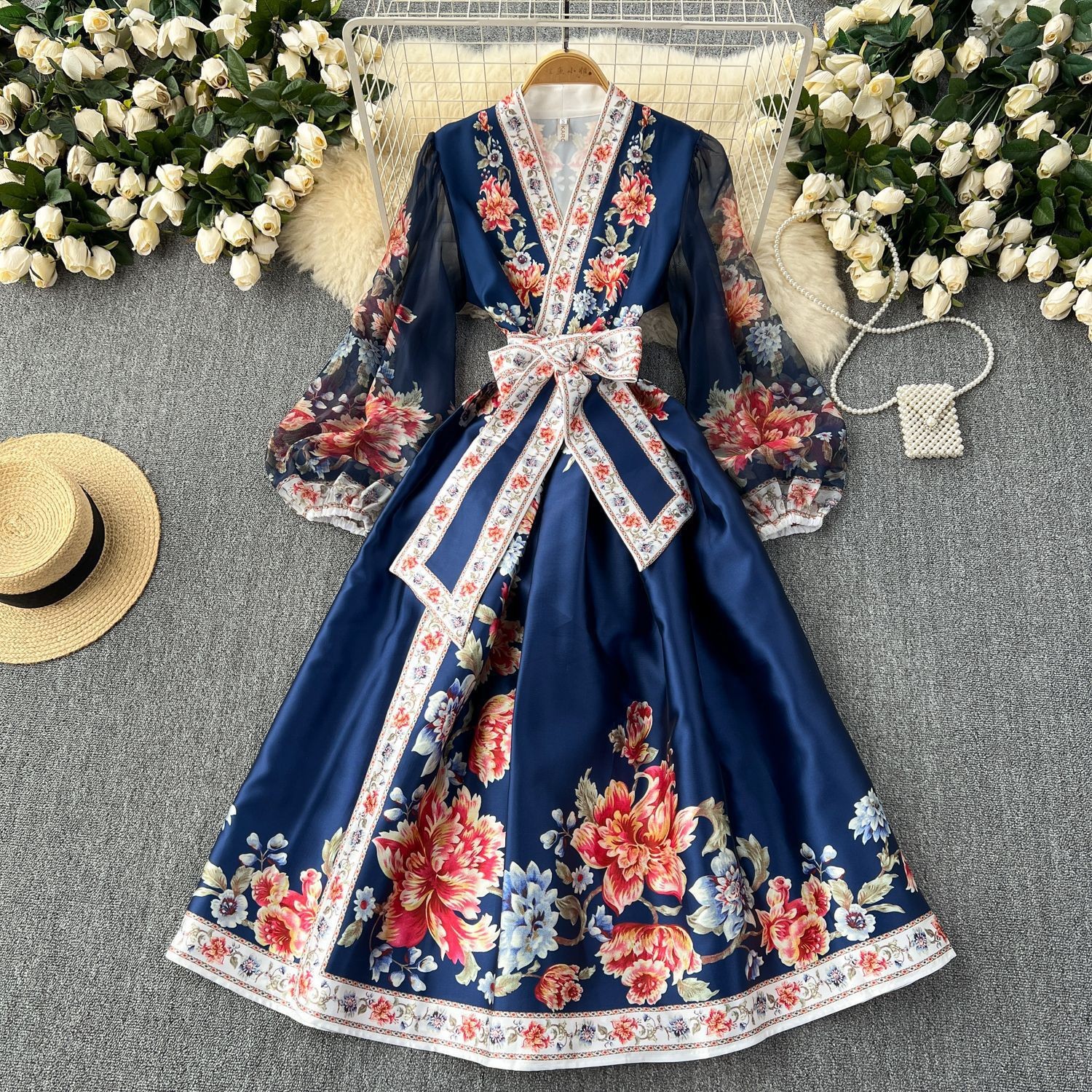 Maxct pop culture dress to impress French Retro Elegant Dress Women's High-Grade Court Style Printed Lace-up Waist-Tight Elegant Dress Long Skirt