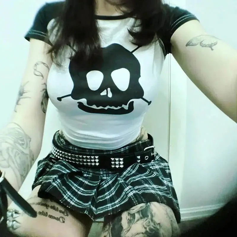 Maxct Punk Style Hip Hop Crop Top Harajuku Skeleton Graphic T-shirt Gothic Grunge Hollow Out Tees Women Vintage Clothes