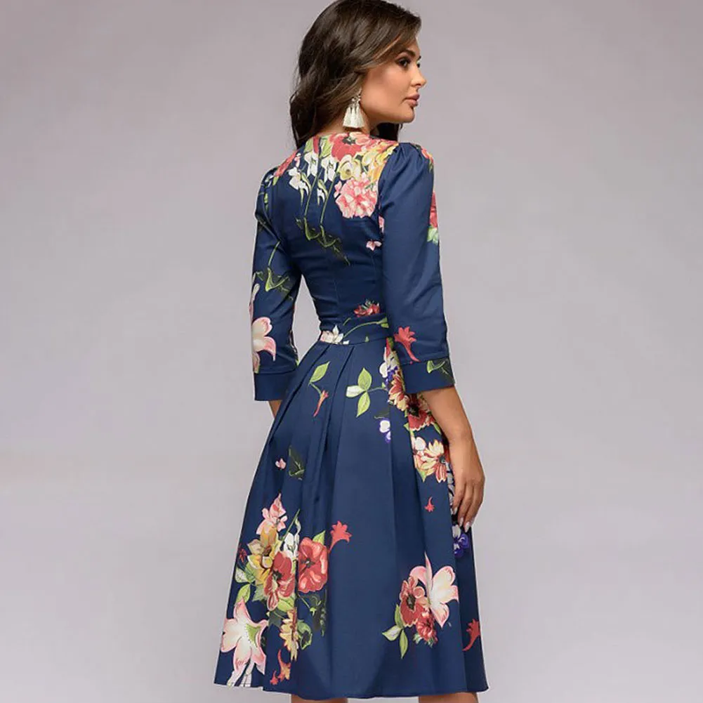 pleated tunic print dress women Elegant ladies A line dresses Long sleeve female autumn mixi party dress vestidos