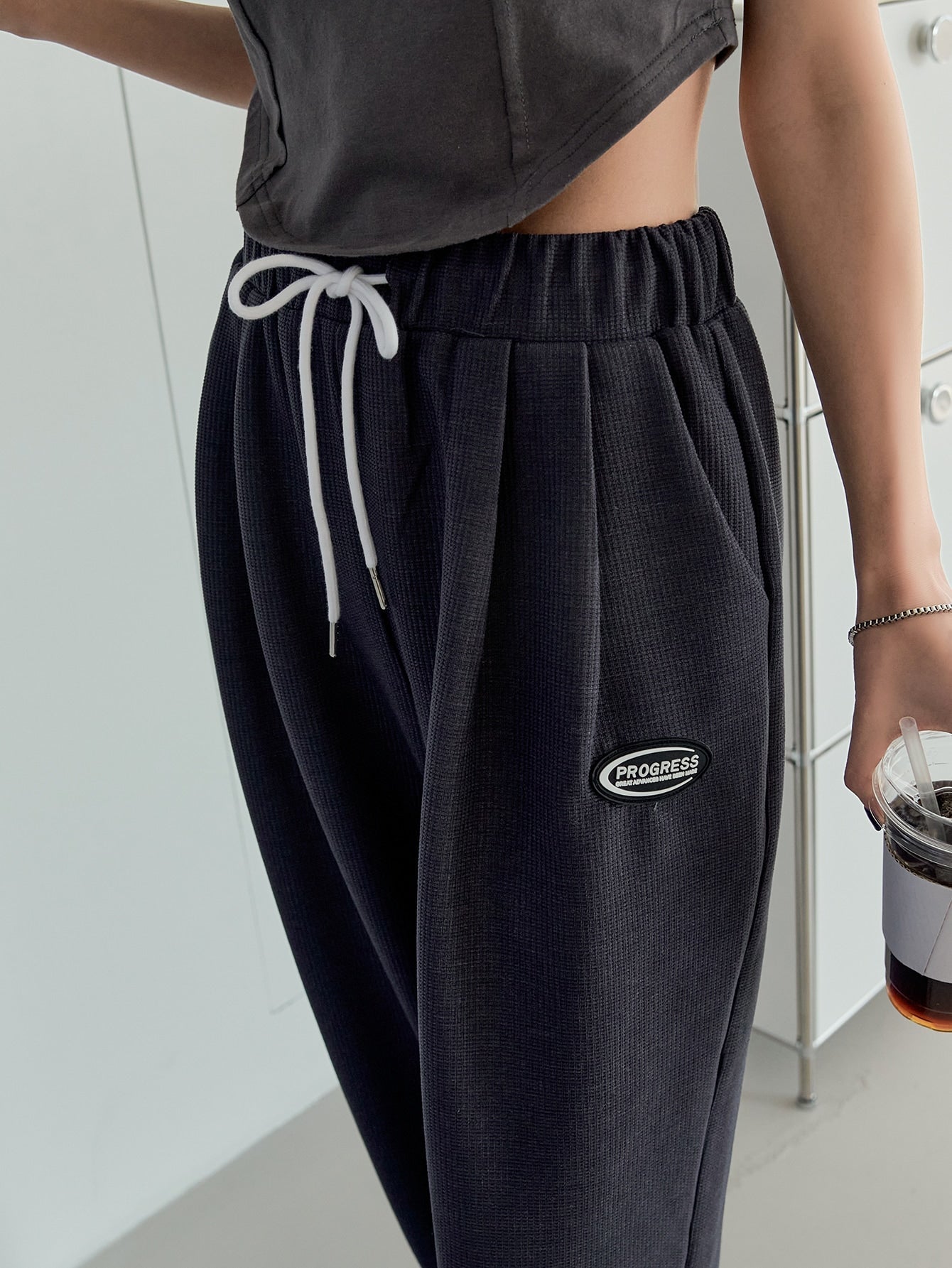 Maxct Letter Patch Drawstring Wide Leg Sweatpants