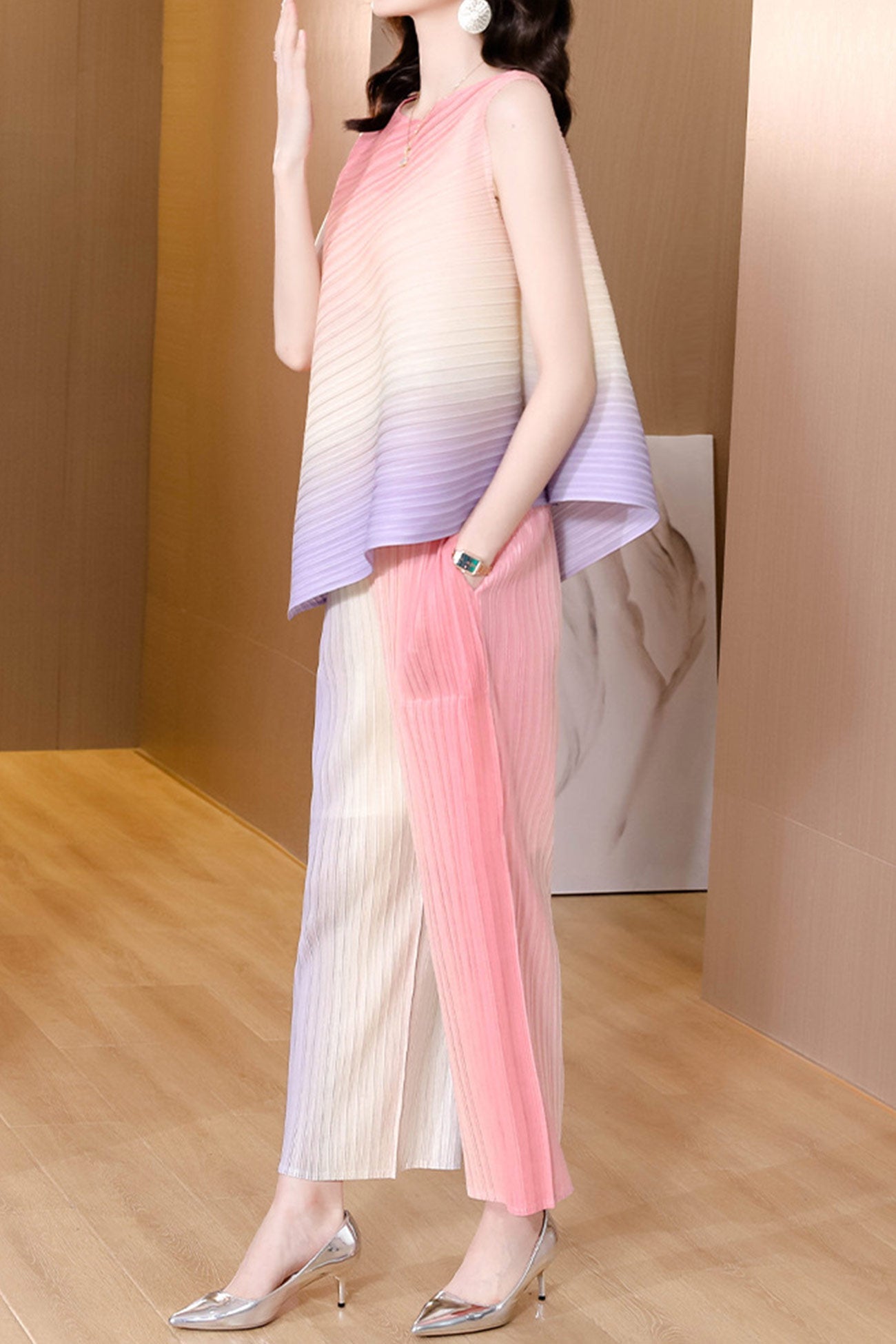 Maxct Gradient Full Pleated Irregular Top & Wide Leg Pants