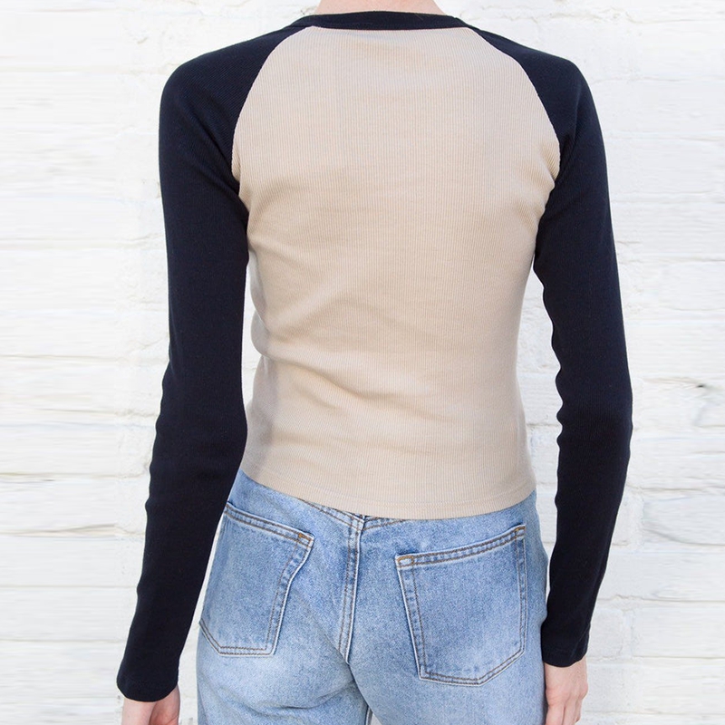 90s Vintage Grunge T-shirt Y2K Retro Cute Crop Top Autumn Contrast Patchwork Long Sleeve Slim Basic Sweats Tees Simple Clothes
