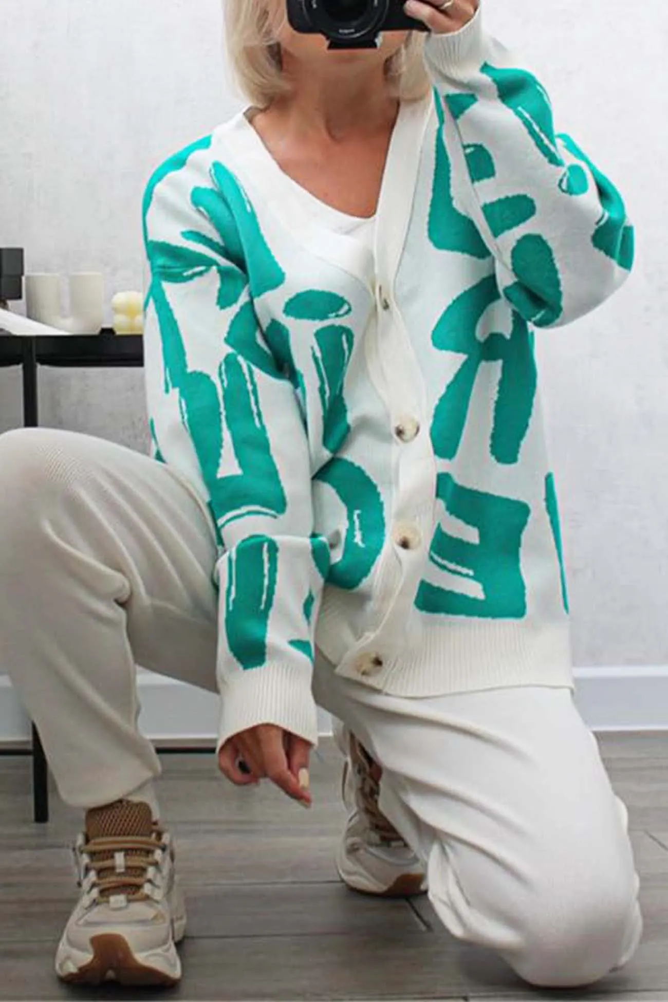 Maxct Letter Printed Cardigan Vest Long Pant Three Piece Set