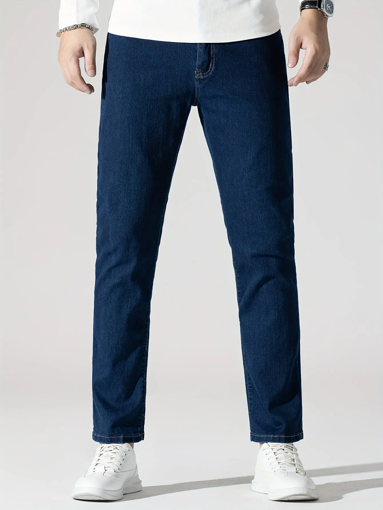 Men's High Stretch Jeans For Business, Slim Fit Denim Pants With Pockets For Spring Fall