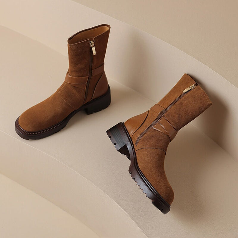 Womens Suede Mid Calf Boots for Winter Buckles Boots Maxct