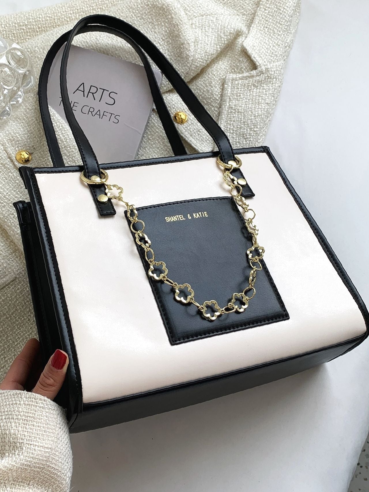 Maxct - Letter Graphic Two Tone Shoulder Tote Bag  - Women Tote Bags