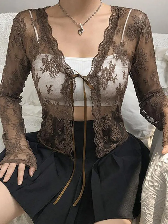 Maxct Open Front Lace Long Sleeve Crop Blouse