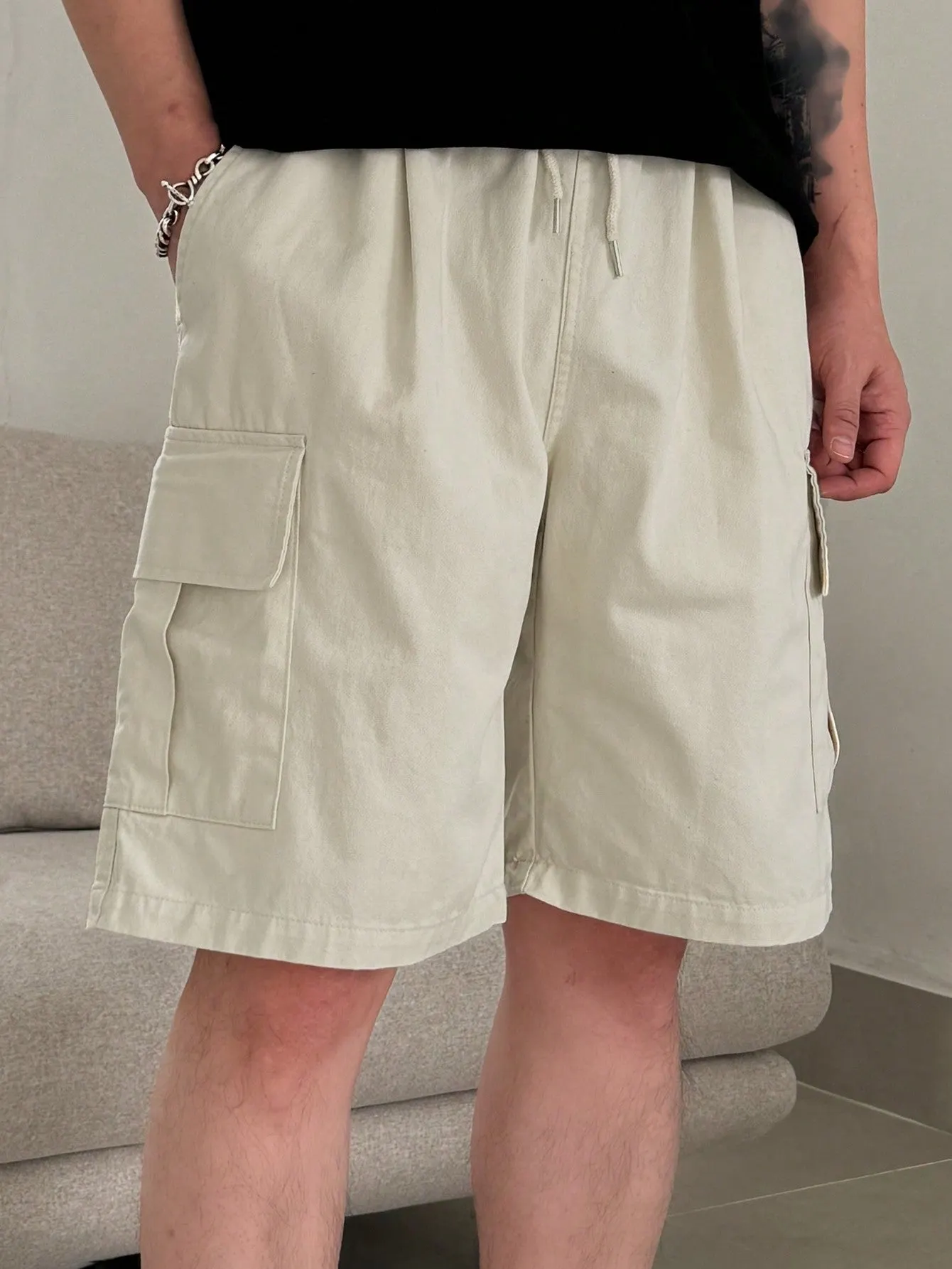 Maxct Men's Summer Solid Color Casual Drawstring Waist Cargo Shorts