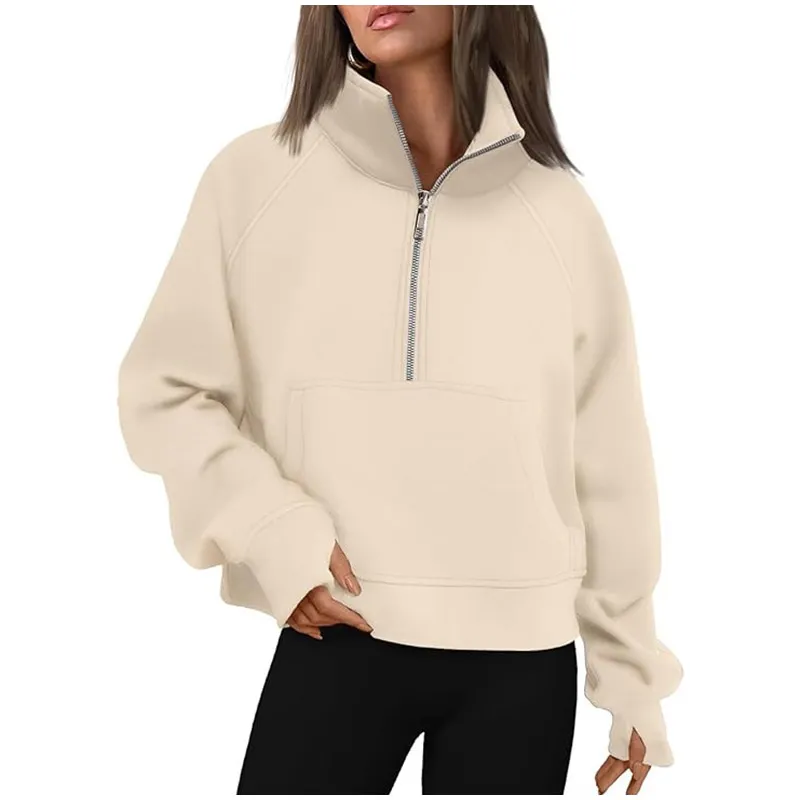 Casual Half Zipper Plush Hoodies Women Loose Solid Lapel Pockets Sweat Shirt Female Autumn Chic Warm Sports Yoga Outwear