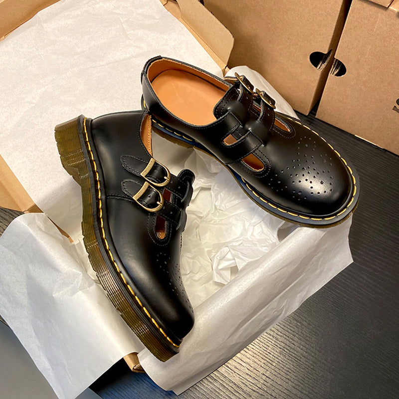 Handmade Retro Waxing Flat Mary Jane Shoes Round Toe  Black/Brown/Black1/White Maxct