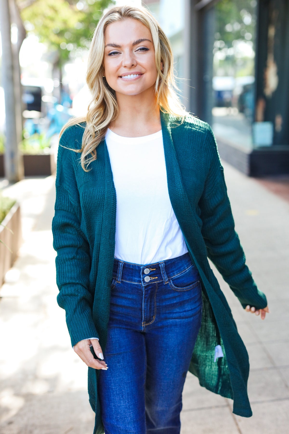 Maxct &Everyday Hunter Green Striped Knit Open Cardigan