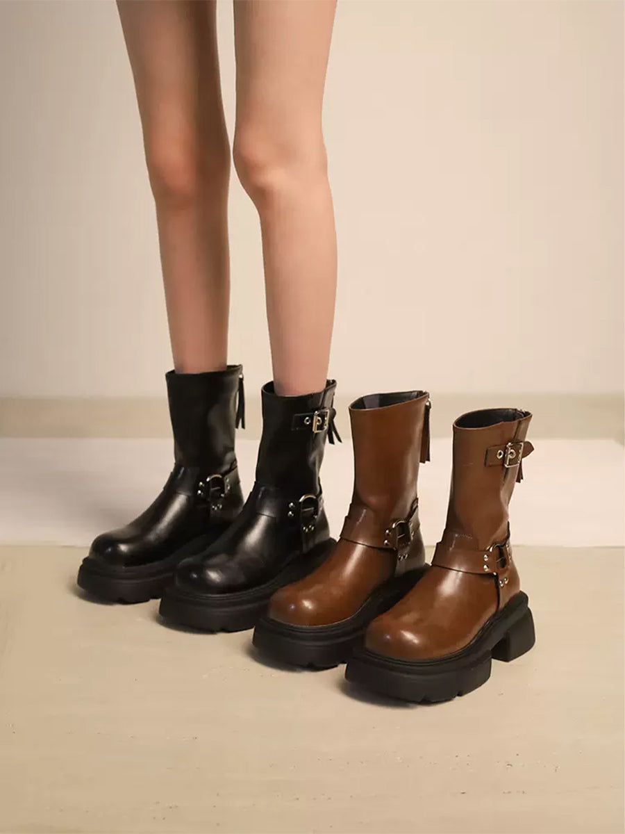 Western Buckle Straps Chunky Heeled Side Zip Boots Maxct