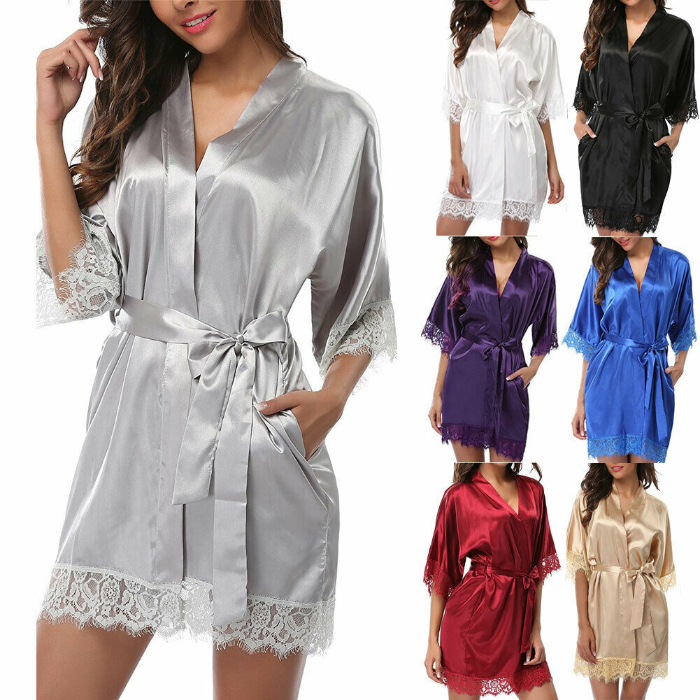 Maxct Women Night Gown Satin Robe Bathrobe Satin Nightgown Halt Sleeve Pajamas Lingerie Night Mini Dress Lace Sexy Sleepwear hot sale