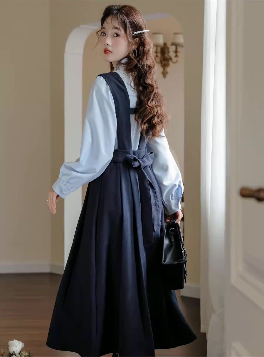 Corduroy Suede Midi Pinafore Dress & Blouse Set Maxct