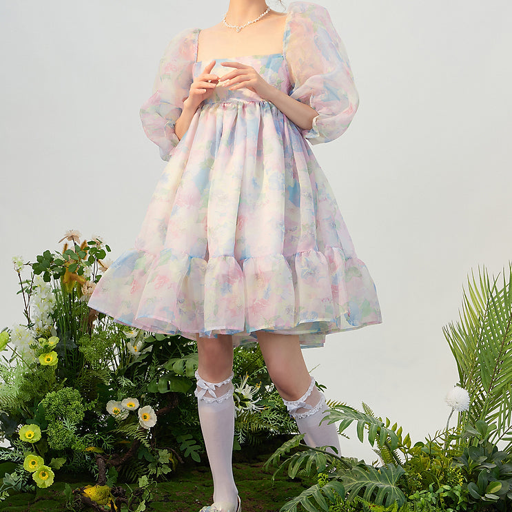 Watercolor Floral Puff Dress Maxct