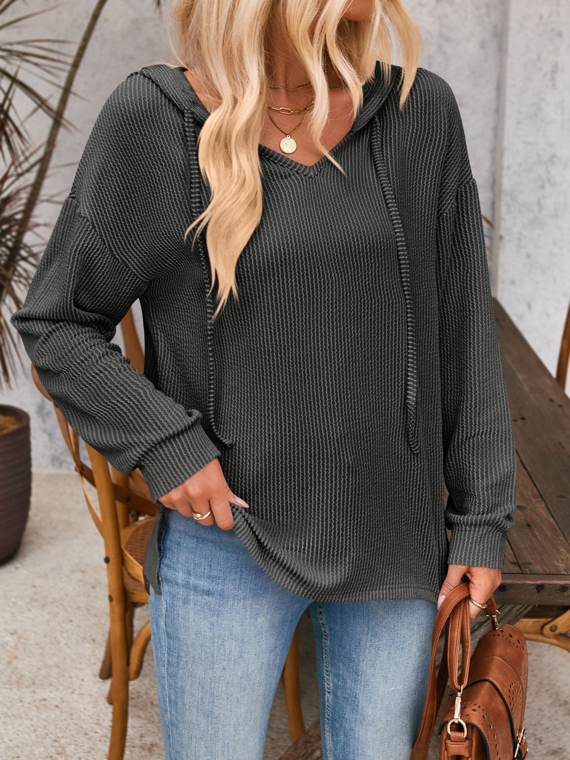 Maxct &Double Take Drawstring Dropped Shoulder Long Sleeve Hoodie