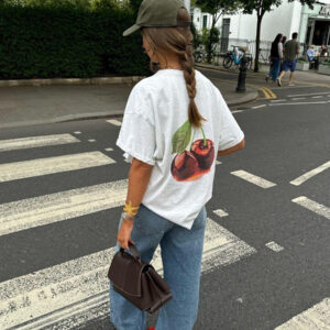 Maxct American Style Retro Fruit Cherry Print Pure Cotton Short-sleeved T-shirt Summer Women's National Fashion Oversize Hot Girl Top Fashion